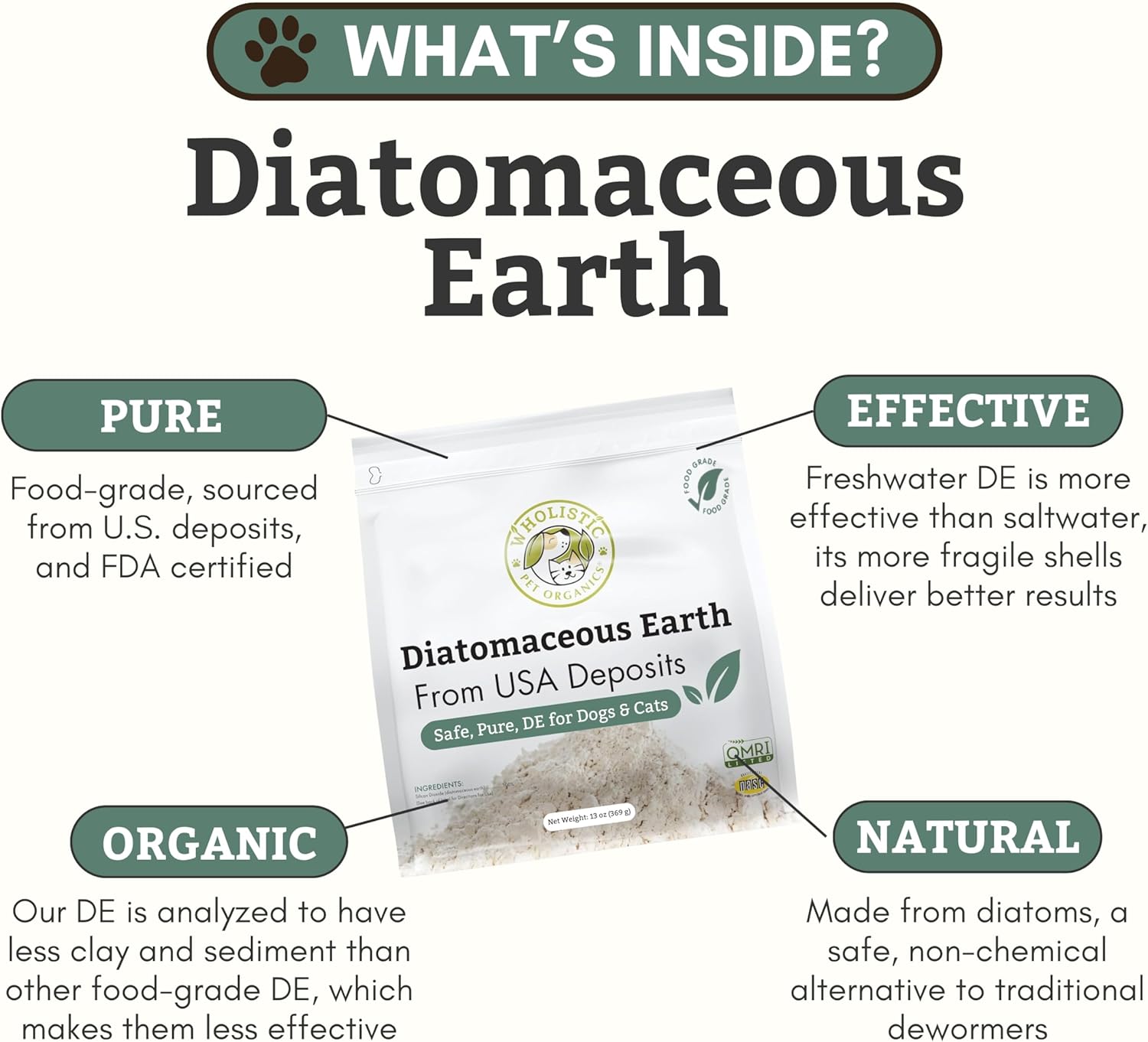 Wholistic Pet Organics Tierra de Diatomeas de Grado Alimenticio para Perros y Gatos - 368g (13 oz) - Polvo Multiusos