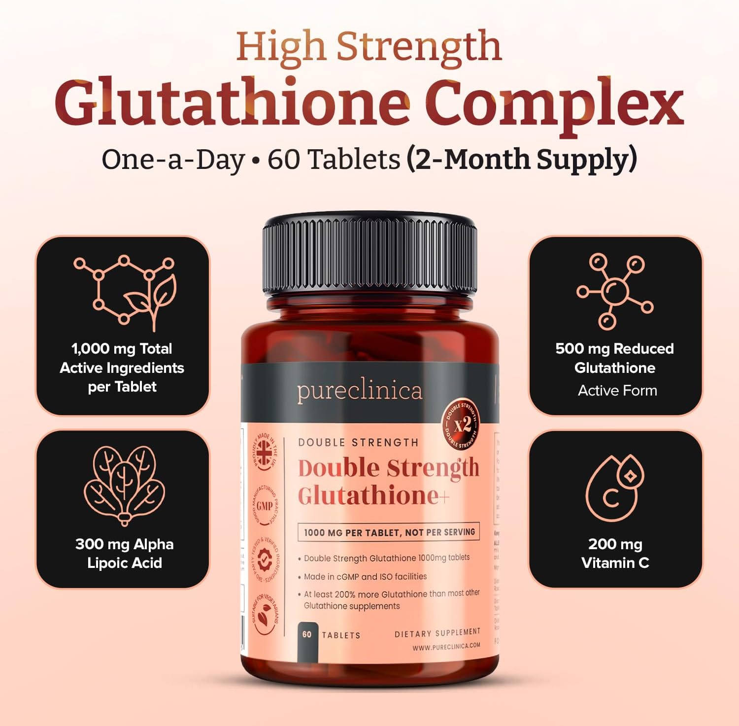 pureclinica Glutathione 1000 mg con ALA y Vitamina C - 60 Comprimidos