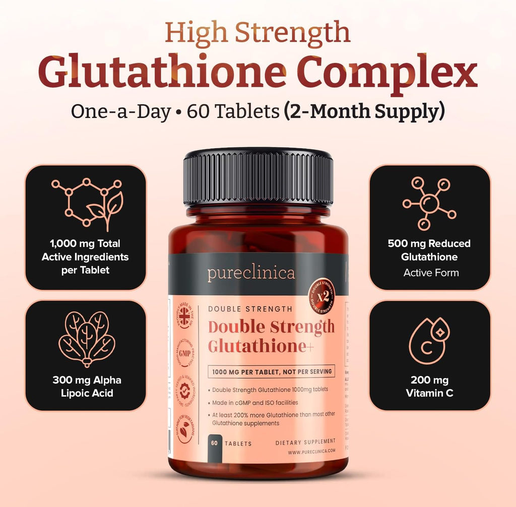 pureclinica Glutathione 1000 mg – 120 Tablets (2 x 60) with Vitamin C and Alpha Lipoic Acid