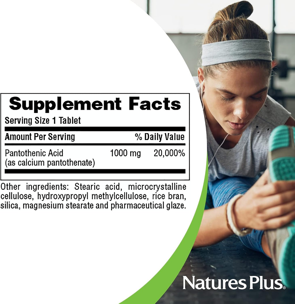 NaturesPlus Ácido Pantoténico, Liberación Sostenida - 1000 mg, 60 Comprimidos - Suplemento de Vitamina B5 de Alta Potencia - Vegano, Sin Gluten