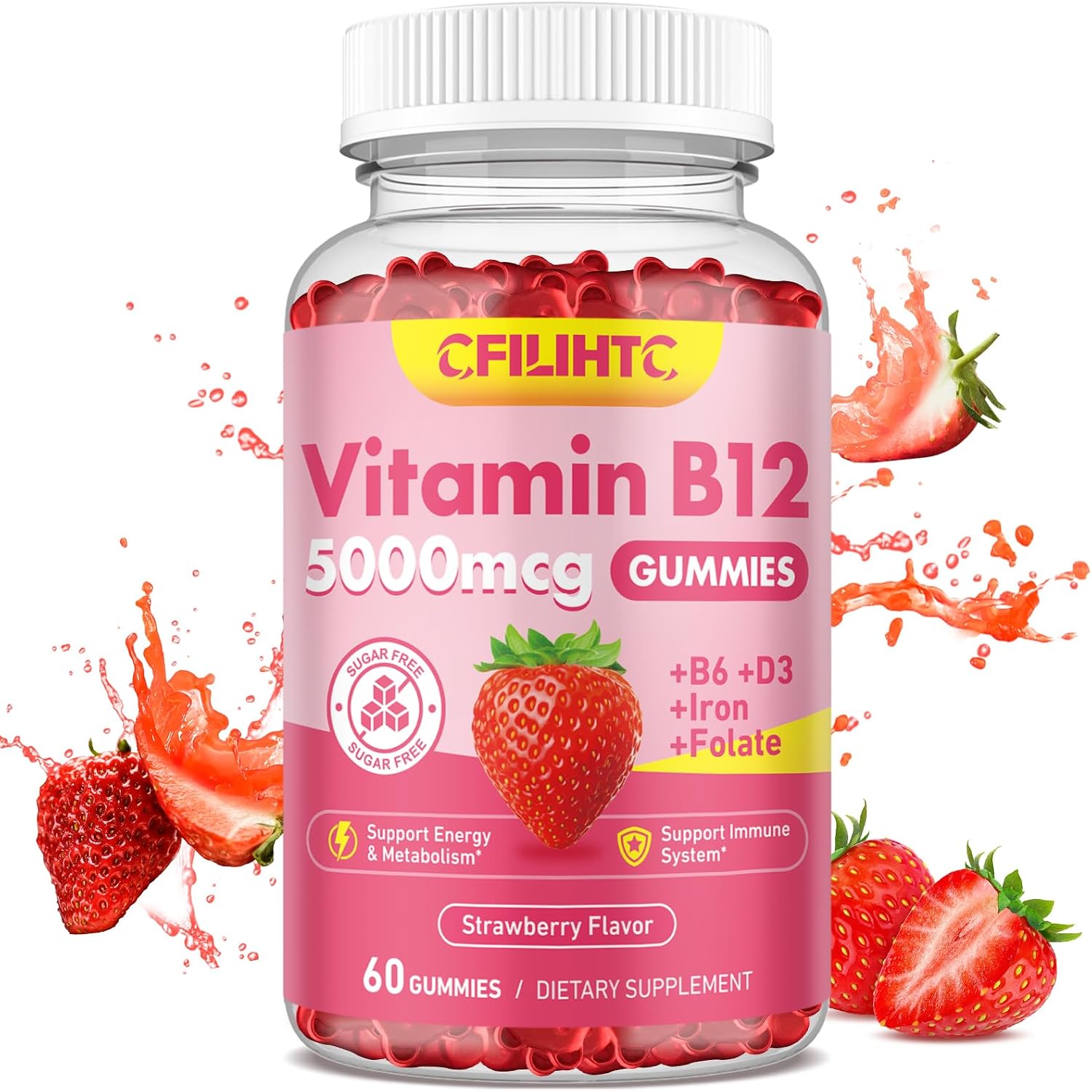 Gominolas de Vitamina B12 5000 mcg (Metilcobalamina) con B6, D3, Hierro y Folato - Sin Azúcar - Sabor Fresa