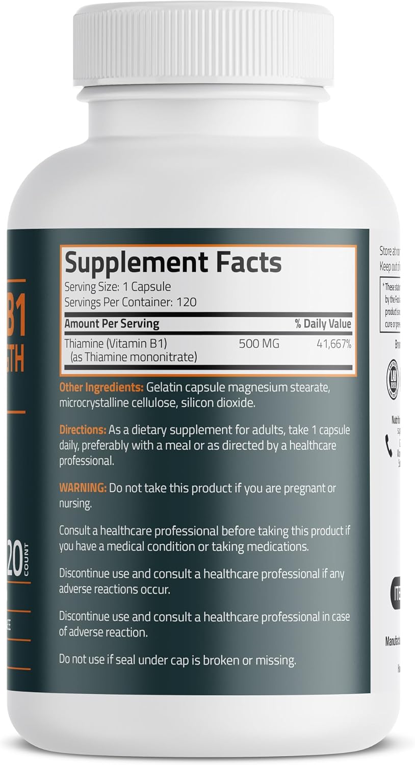 Bronson Vitamina B1 Extra Strength 500 mg Alta Potencia No-GMO, 120 Cápsulas