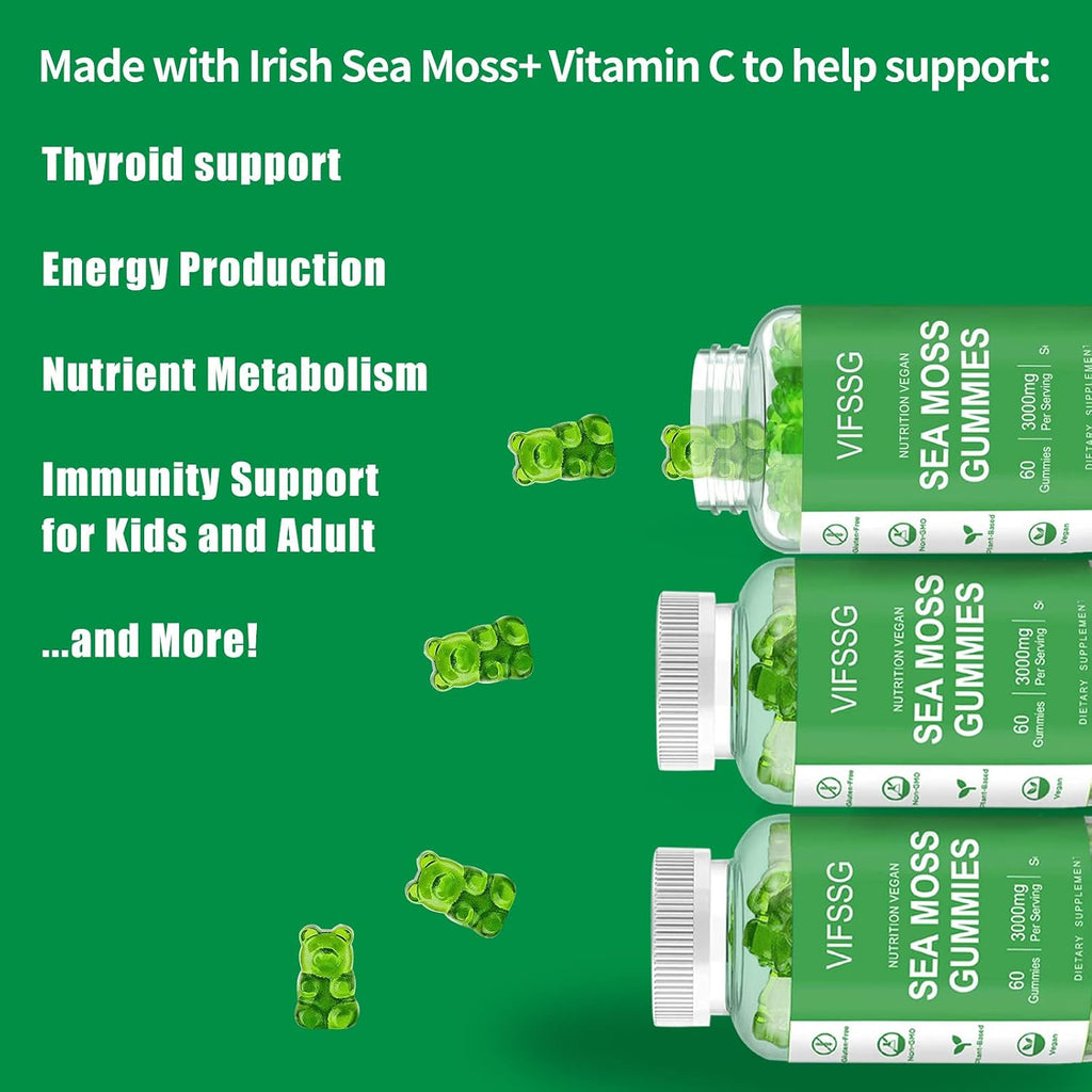 VIFSSG Sea Moss Gummies 3000mg - Gominolas de Musgo Marino con Bladderwrack y Bardana - 60 Gomitas Veganas