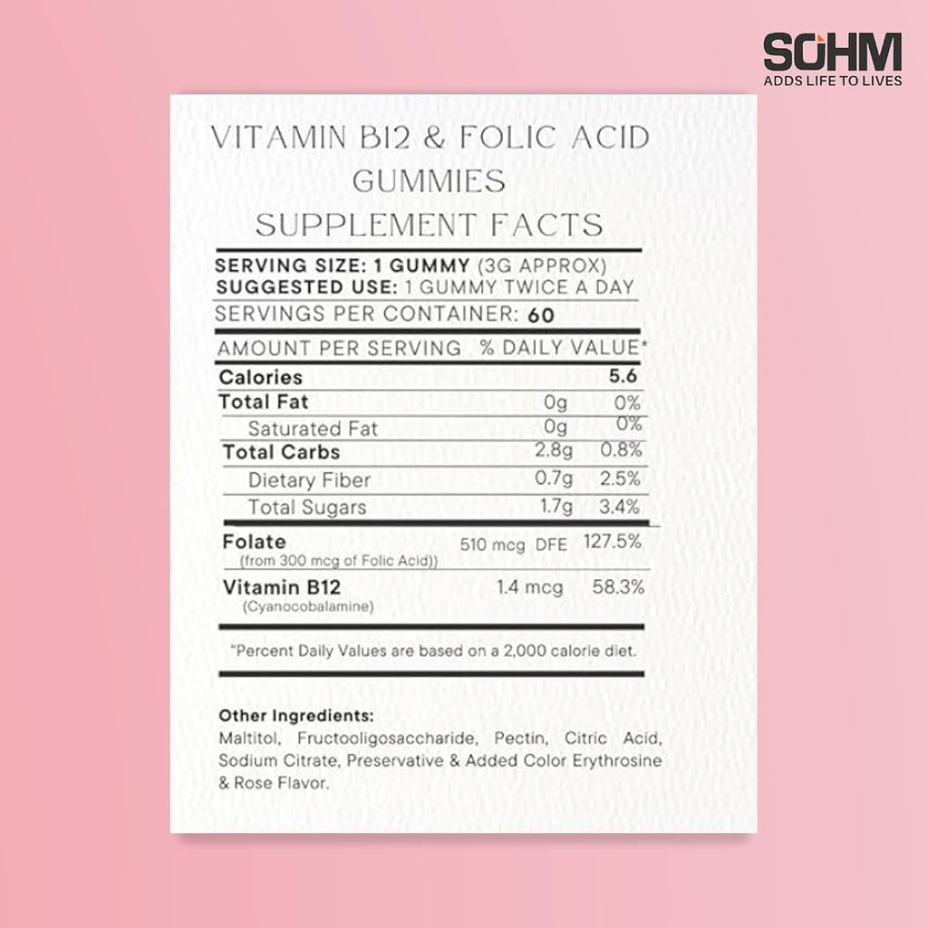 SOHM Ácido Fólico 300 mcg + Vitamina B12 Gomitas para Mujer, 60 unidades – Apoyo Prenatal