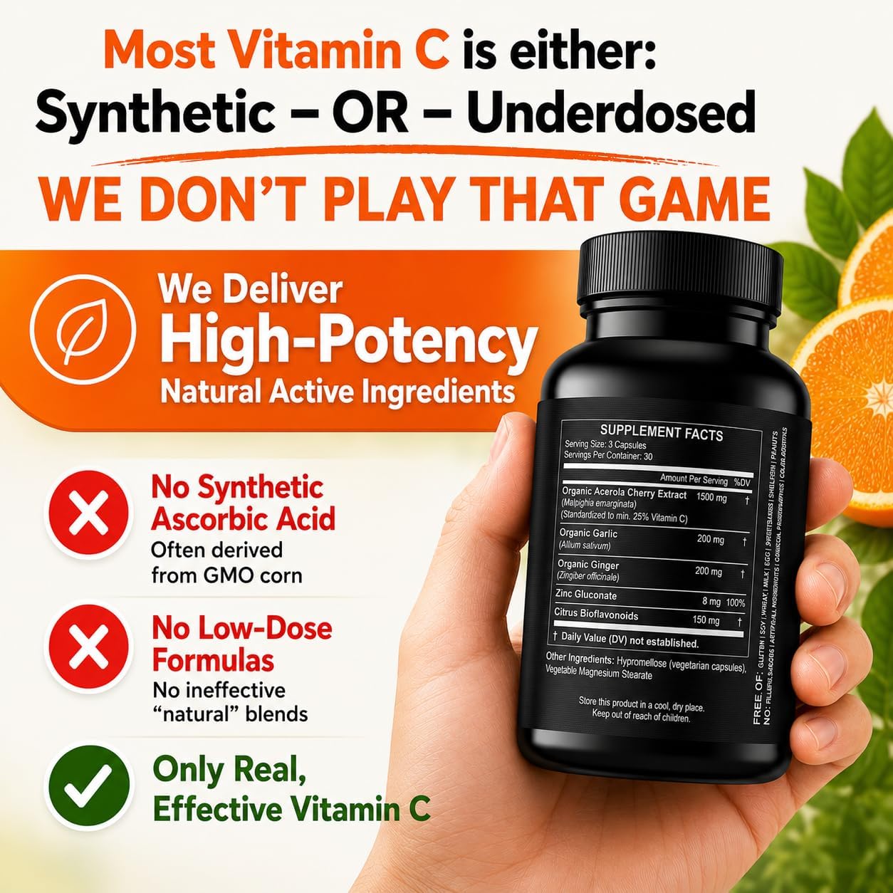 Vitamina C Natural de Acerola Orgánica - Alta Absorción - con Ajo, Jengibre y Bioflavonoides Cítricos - Apoyo al Sistema Inmunitario y Colágeno - Vitaminas para la Piel Antienvejecimiento