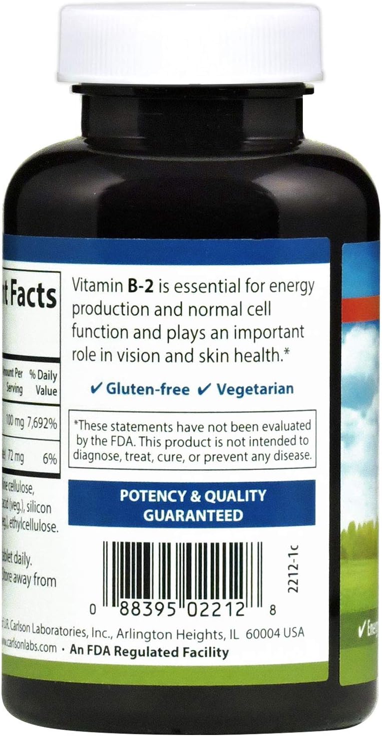 Carlson B-2, 100 mg de Riboflavina, Producción de Energía, Visión y Piel Sana, 250 Comprimidos Vegetarianos
