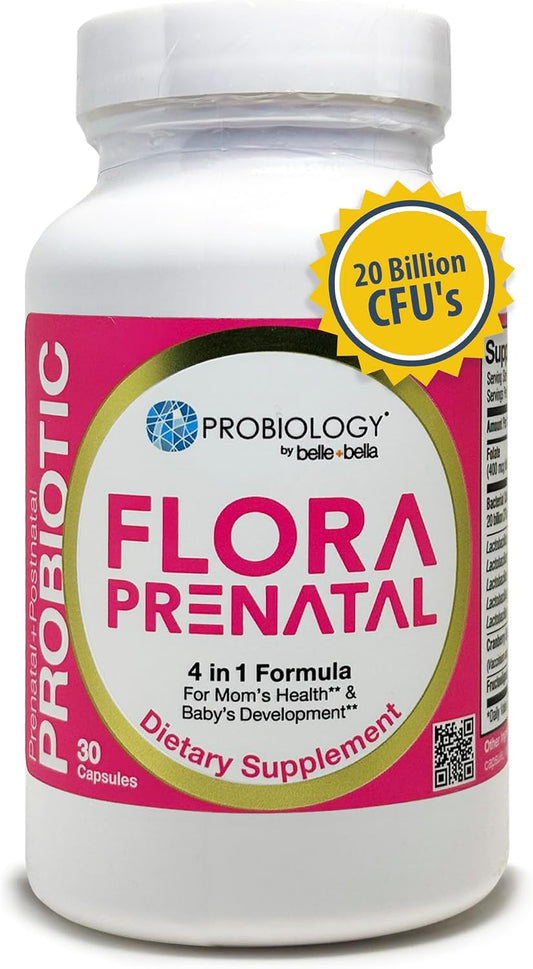 belle+bella Probiology Flora Prenatal Cápsulas - Probiótico y Prebiótico con Ácido Fólico para Embarazo y Postparto - 30 Cápsulas
