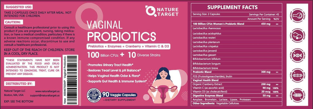 Nature Target Probióticos Vaginales para Mujeres, 100 Mil Millones UFC con Prebióticos, Enzimas Digestivas, Arándano Rojo y D-Mannose - Apoyo al pH y Salud Urinaria - 90 Cápsulas