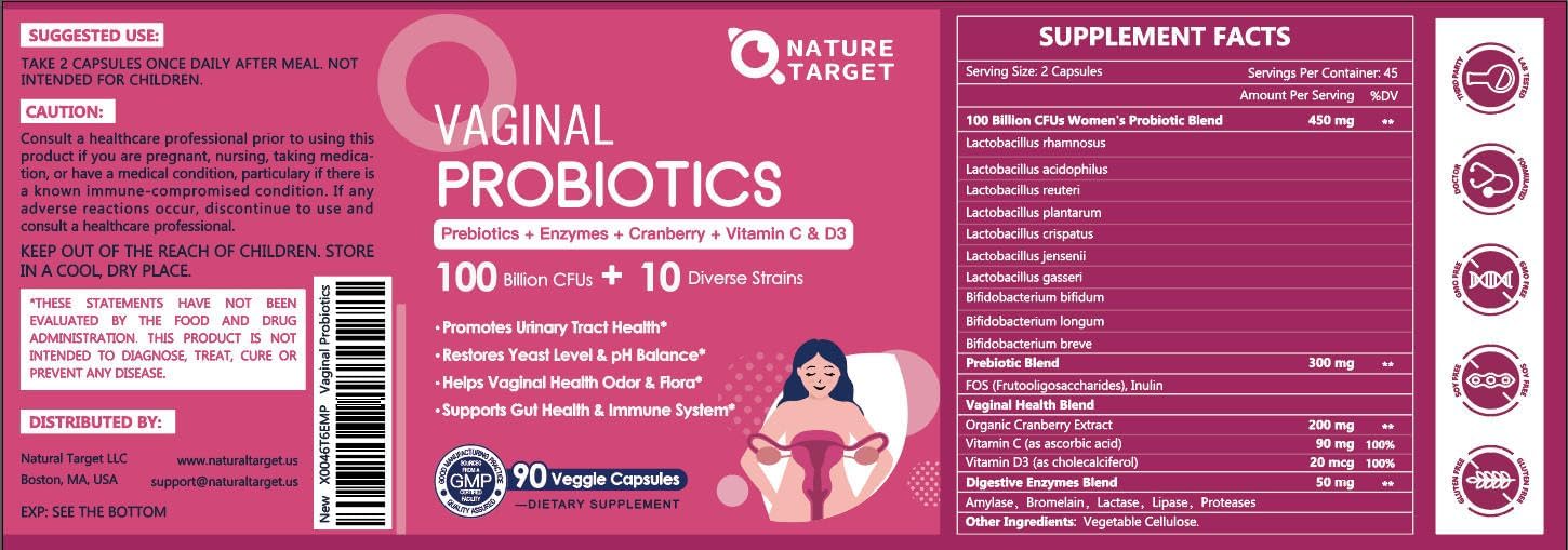 Nature Target Probióticos Vaginales para Mujeres, 100 Mil Millones UFC con Prebióticos, Enzimas Digestivas, Arándano Rojo y D-Mannose - Apoyo al pH y Salud Urinaria - 90 Cápsulas