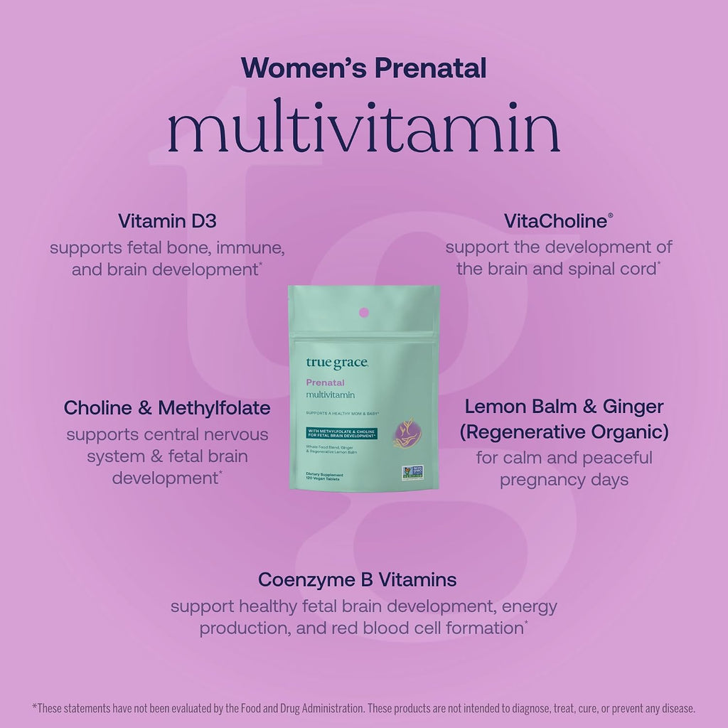 True Grace Multivitamínico Prenatal - Recambio de 120 Comprimidos Veganos - Con Metilfolato y Colina - Sin Gluten, Sin Soja - 60 Porciones