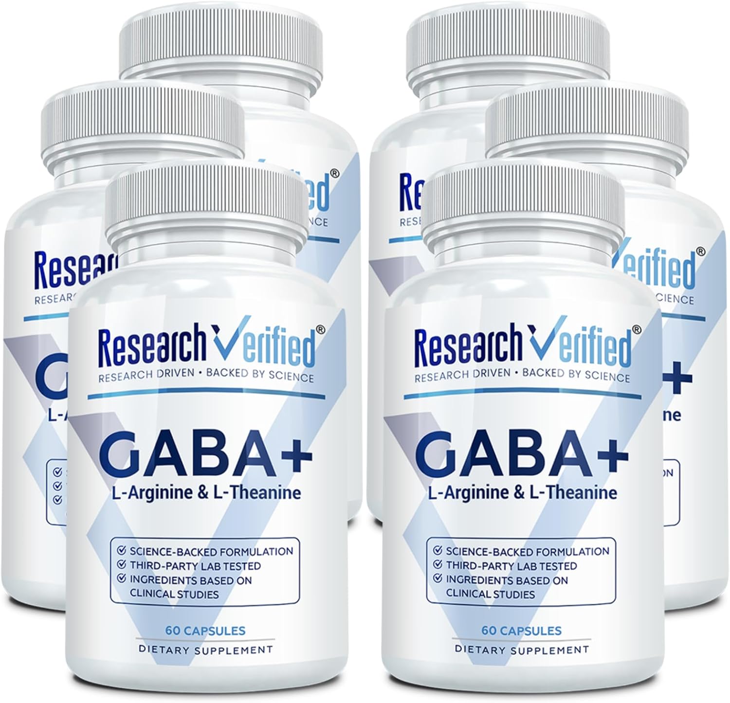 Research Verified GABA+ - 600mg GABA, L-Arginina, L-Teanina, P5P, BioPerine - 60 Cápsulas Veganas - Pack de 6