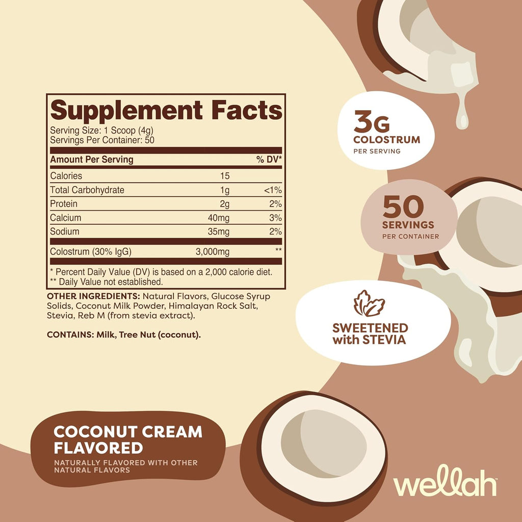 Wellah Colostrum Sabor Crema de Coco (50 Dosis) - Endulzado con Stevia, 3g de Colostro por Dosis, Complemento Alimenticio