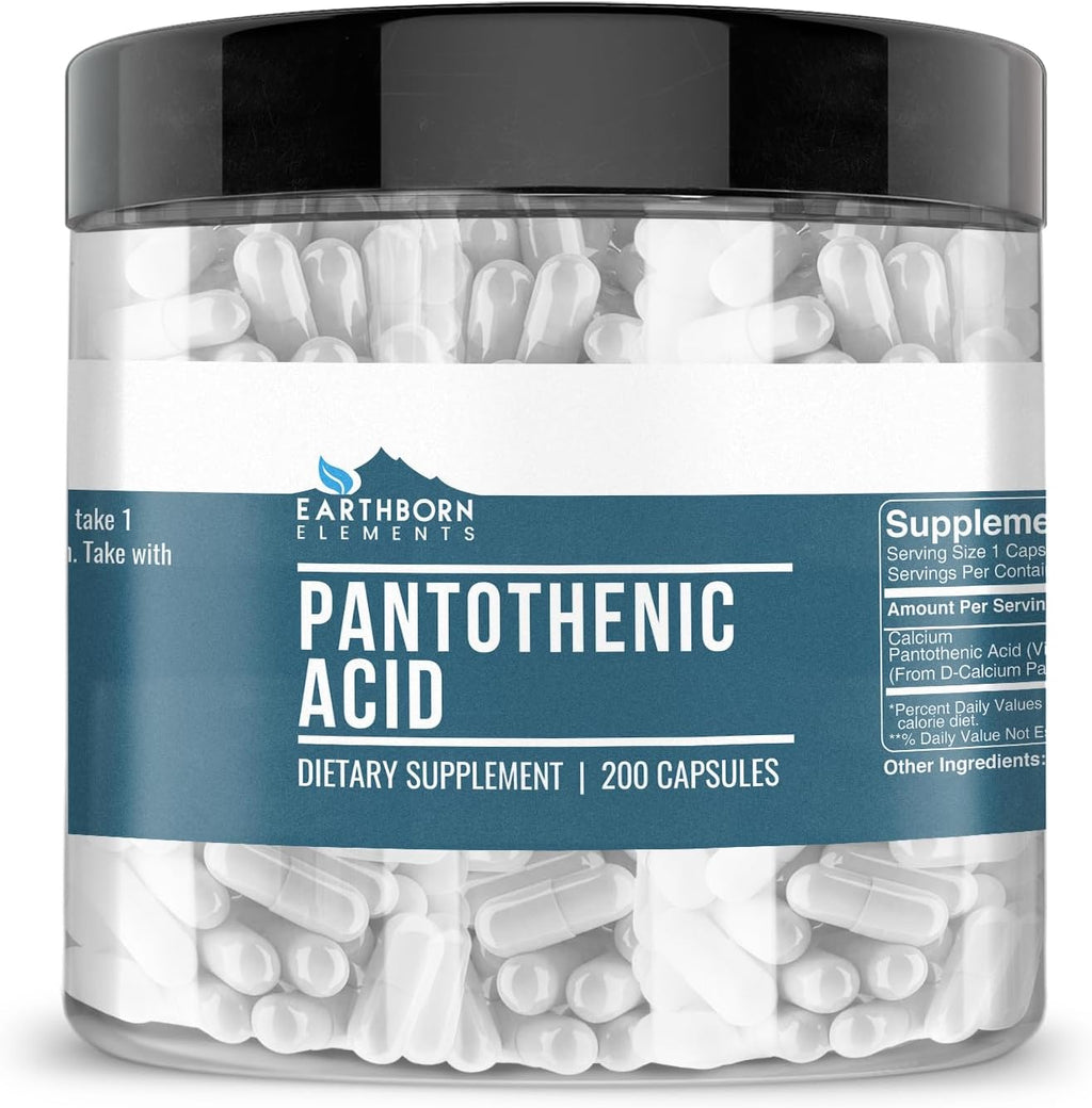 Earthborn Elements Ácido Pantoténico 200 Cápsulas, Puro y Sin Diluir, Sin Aditivos