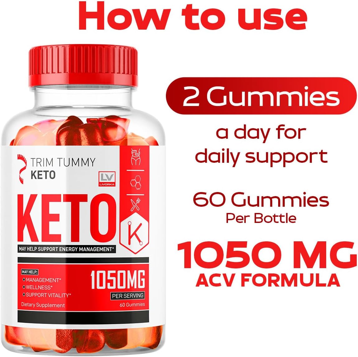Trim Tummy Keto ACV Gummies 1050mg - Gomitas de Vinagre de Manzana para Keto, Fórmula Avanzada, 60 Gominolas