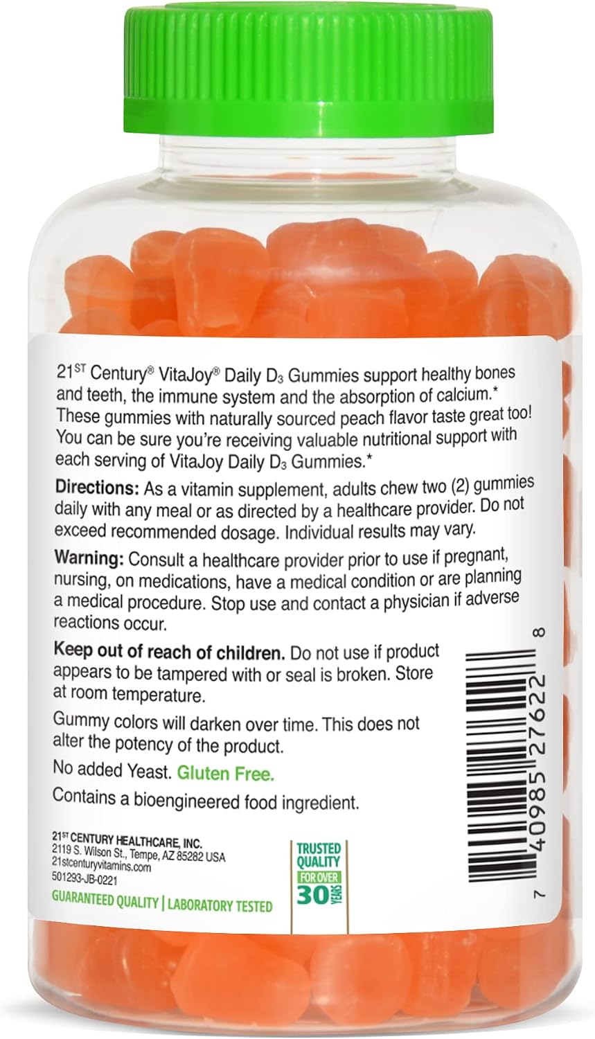 21st Century VitaJoy Vitamina D3 50 mcg (2000 UI) Gominolas, Sabor Melocotón, 120 Unidades