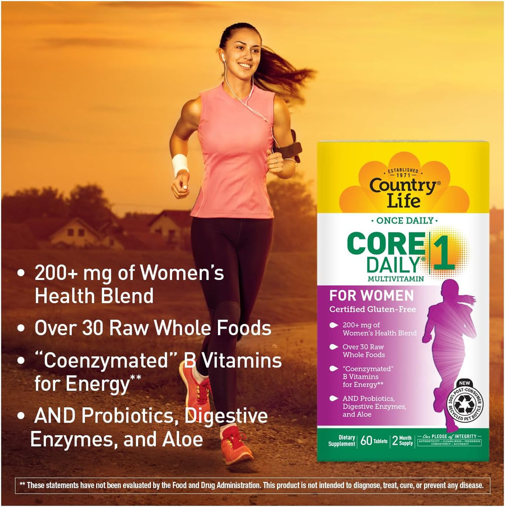 Country Life Women’s Core 1 Multivitamínico Diario para Mujeres con Hierro, Arándano Rojo, Probióticos y Enzimas Digestivas, 60 Comprimidos