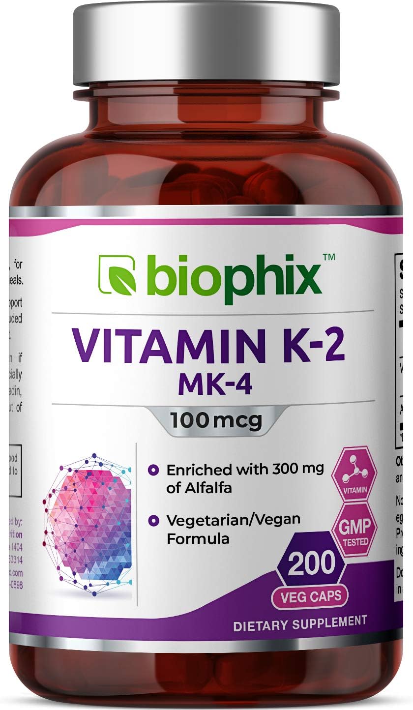 biophix Vitamina K2 MK-4 100 mcg 200 Cápsulas con Alfalfa - Huesos Fuertes y Salud Inmunitaria