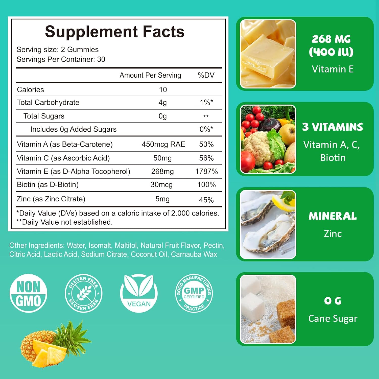 PYUNAFIT Vitamina E 400 UI Gomitas para Mujer con Vitamina A, C, Biotina y Zinc - 60 Gomitas