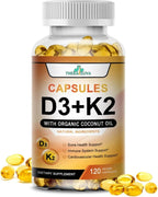 TheraSuva Vitamina D3 5.000 UI + K2 de Alta Potencia – Vegano, No-GMO, con Aceite de Coco Orgánico – Apoyo Óseo y Cardíaco, 120 Cápsulas Blandas