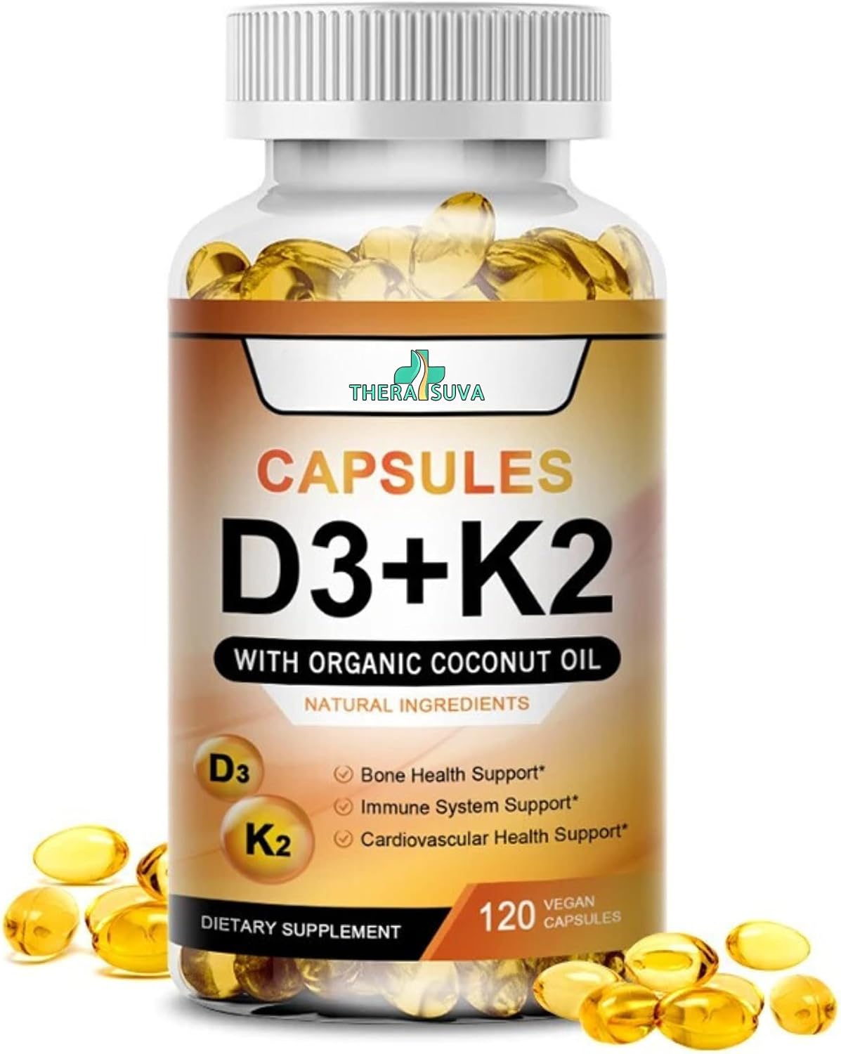 TheraSuva Vitamina D3 5.000 UI + K2 de Alta Potencia – Vegano, No-GMO, con Aceite de Coco Orgánico – Apoyo Óseo y Cardíaco, 120 Cápsulas Blandas