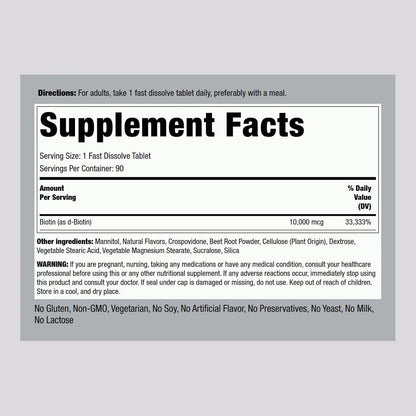 Piping Rock Biotina 10000 mcg Comprimidos – Comprimidos sublinguales de rápida disolución – Image 2