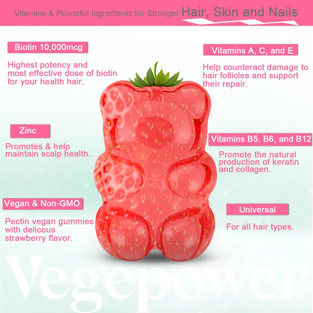 VEGEPOWER Gominolas de Biotina 10000mcg Veganas para el Mantenimiento del Cabello, Piel y Uñas
