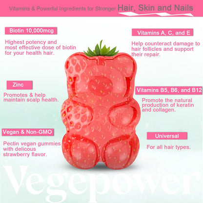 VEGEPOWER Gominolas de Biotina 10000mcg – La biotina contribuye al mantenimiento del cabello en condiciones – Image 3