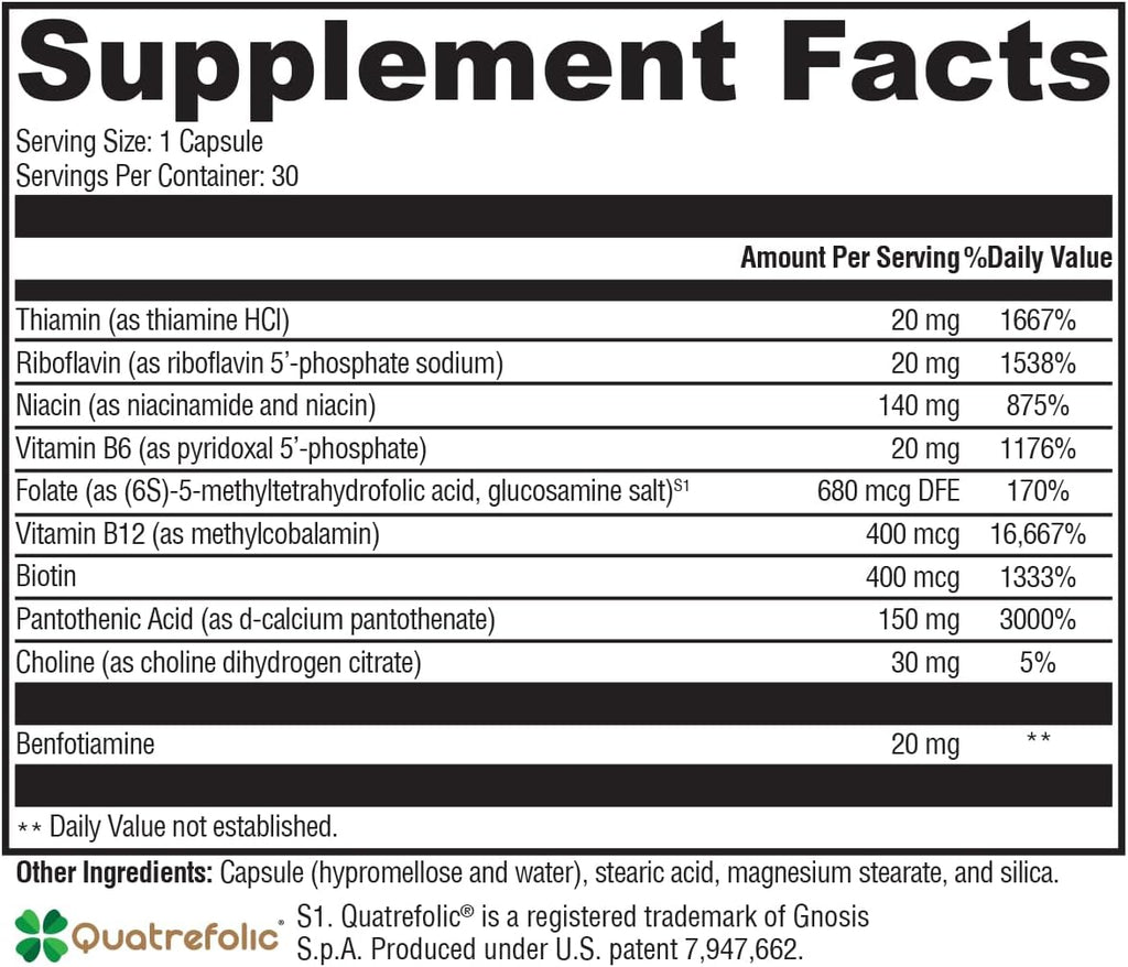 XYMOGEN Complejo B - B-Activ Vitaminas B Activadas con Benfotiamina y Quatrefolic - Apoyo Suprarrenal, Inmunológico y Nervioso - Sin Gluten y Vegetariano - 30 Cápsulas