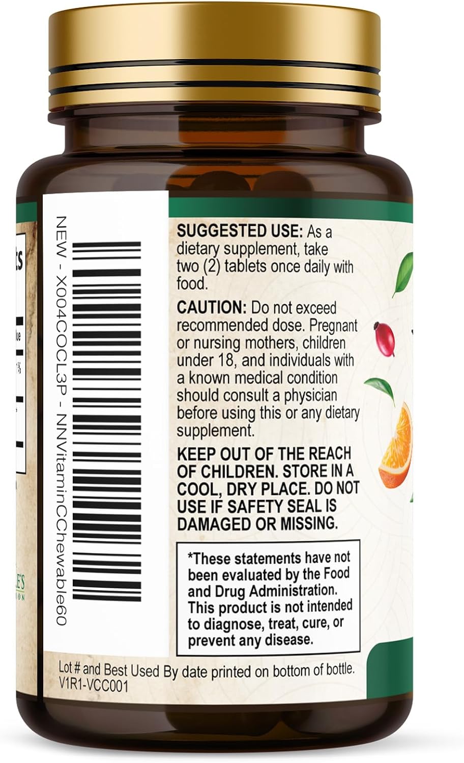 Vitamina C 1000 mg por ración Masticable - Sin Azúcar - Antioxidantes Extra - Suplemento Natural con Vitamina C y Escaramujo - Sabor Naranja - 60 Comprimidos