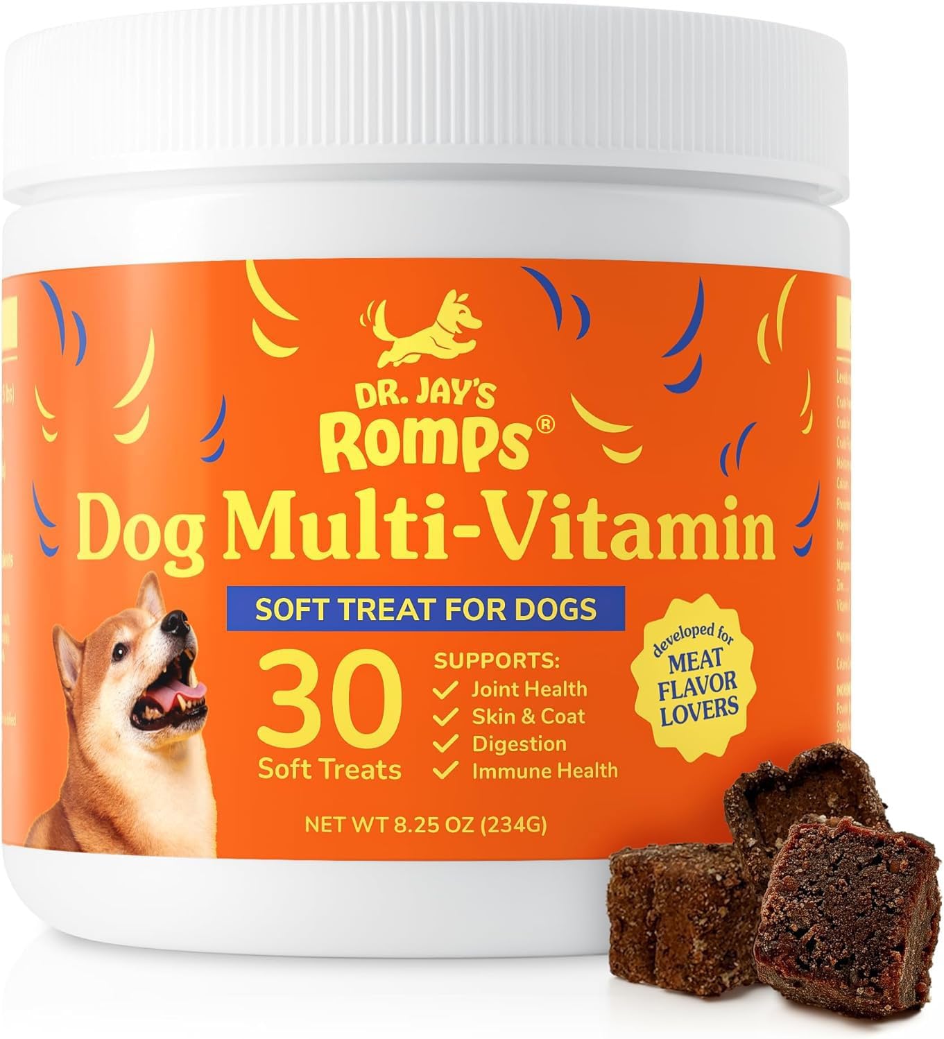 Dr Jay's Romps Multivitamínico para Perros - Colágeno Tipo II - Articulaciones, Piel y Pelo - 30 Chews Blandos