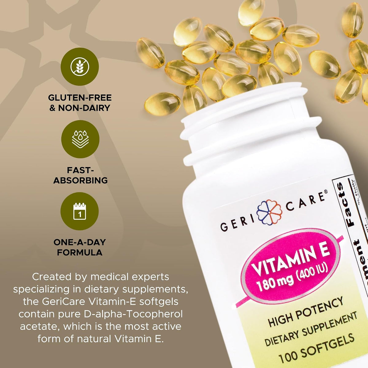GeriCare Vitamina E Alta Potencia 400 UI (180 mg) - 100 Cápsulas Blandas – Image 3