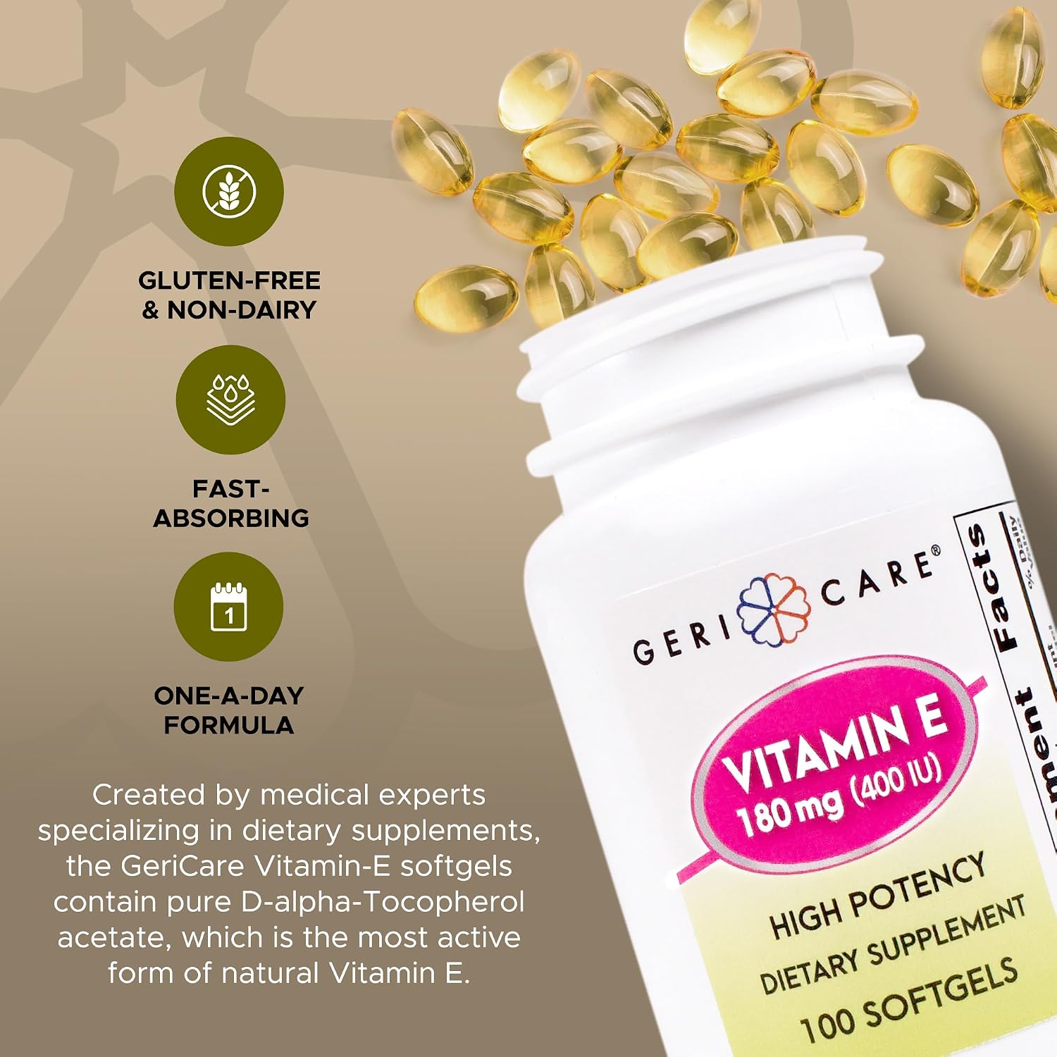 GeriCare Vitamina E Alta Potencia 400 UI (180 mg) - 100 Cápsulas Blandas