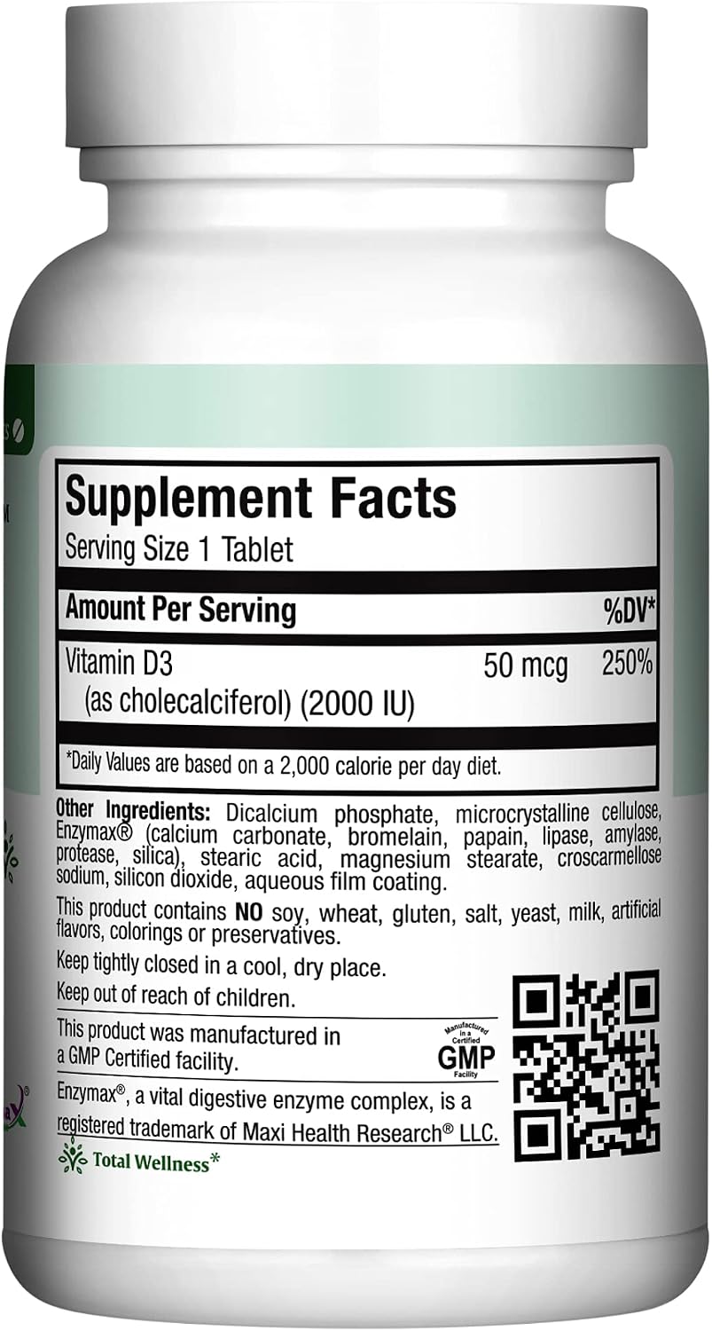 Maxi Health Vitamina D3 2000 UI Comprimidos – Apoyo Inmunitario, Salud Ósea y Función Muscular – Suplemento de Vitamina D 2000 UI para Adultos – Kosher, Fáciles de Tragar, 90 Comprimidos