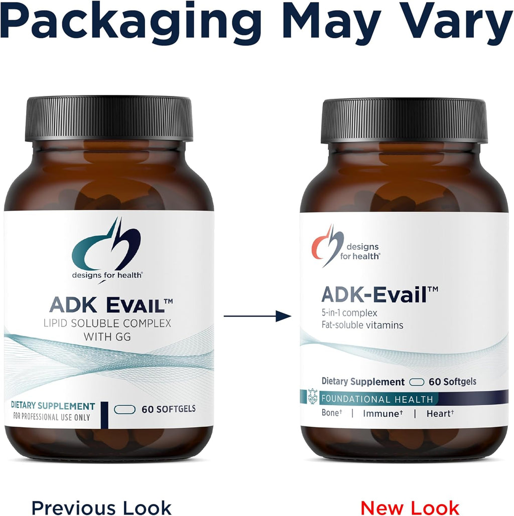 Designs for Health ADK Evail - 5000 UI Vitamina D3 con Vitaminas A, E y K (K1+K2) - Complejo Liposoluble - 60 Cápsulas blandas