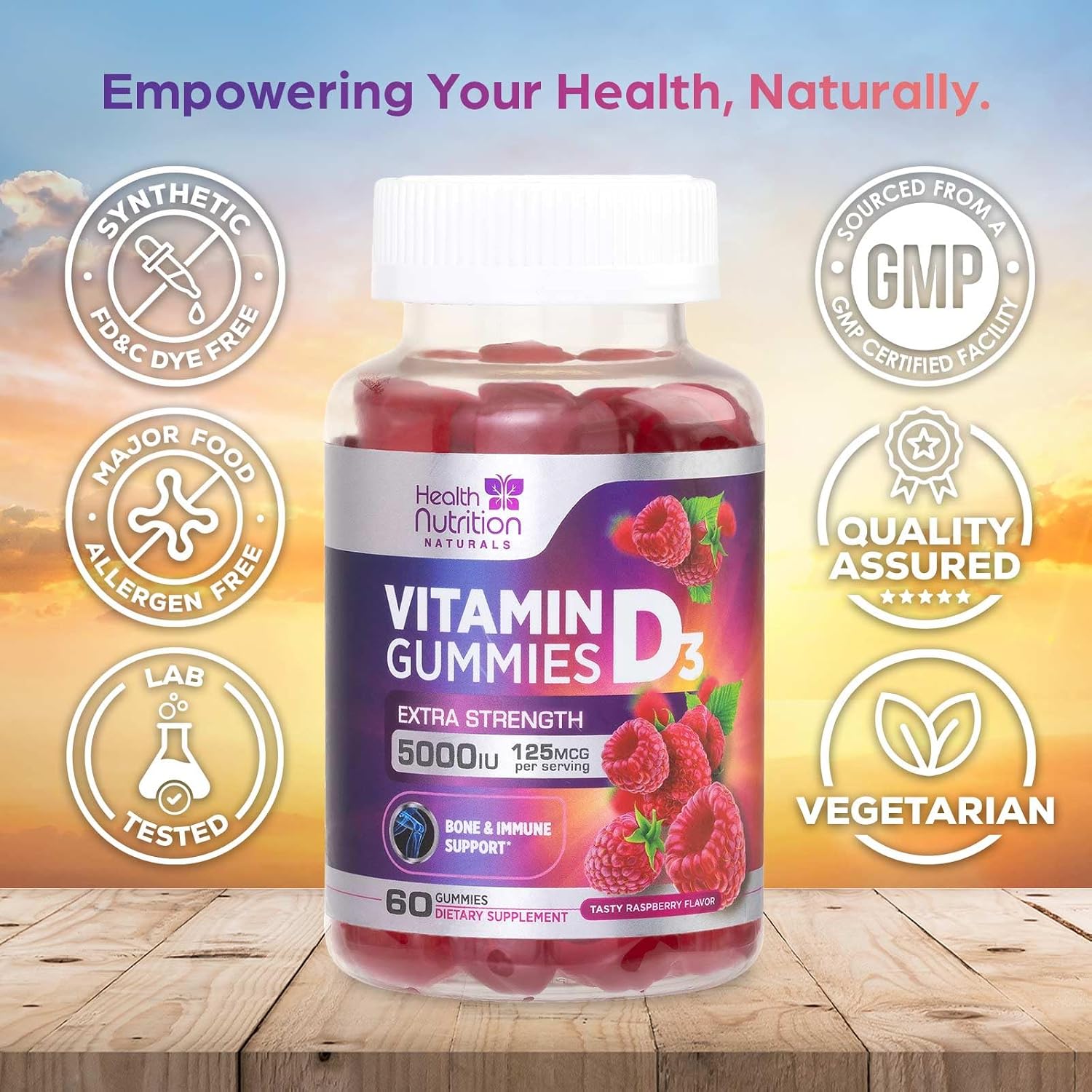 Health Nutrition Naturals Gomitas de Vitamina D3 5000 IU (125 mcg) - Sabor Frambuesa - 60 Gomitas