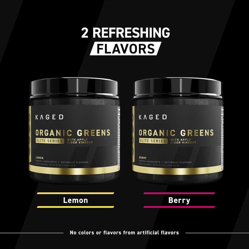 Kaged Organic Greens Elite - Superfood y Verduras en Polvo con Vinagre de Manzana, Adaptógeno, Prebióticos, Vitaminas y Minerales - Sabor Berry - 30 Porciones