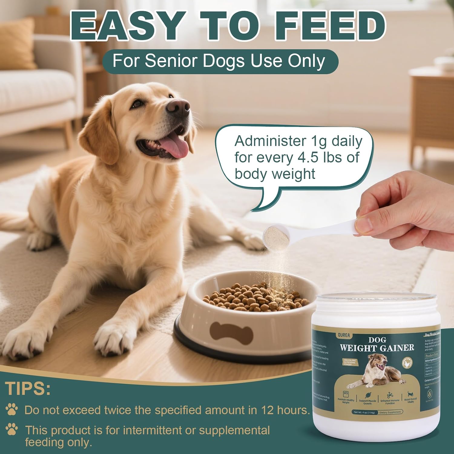 Ourea Ganador de Peso para Perros Senior, Suplemento Alto en Calorías con Multivitaminas, Sabor a Hígado de Pollo, 114g (4oz)