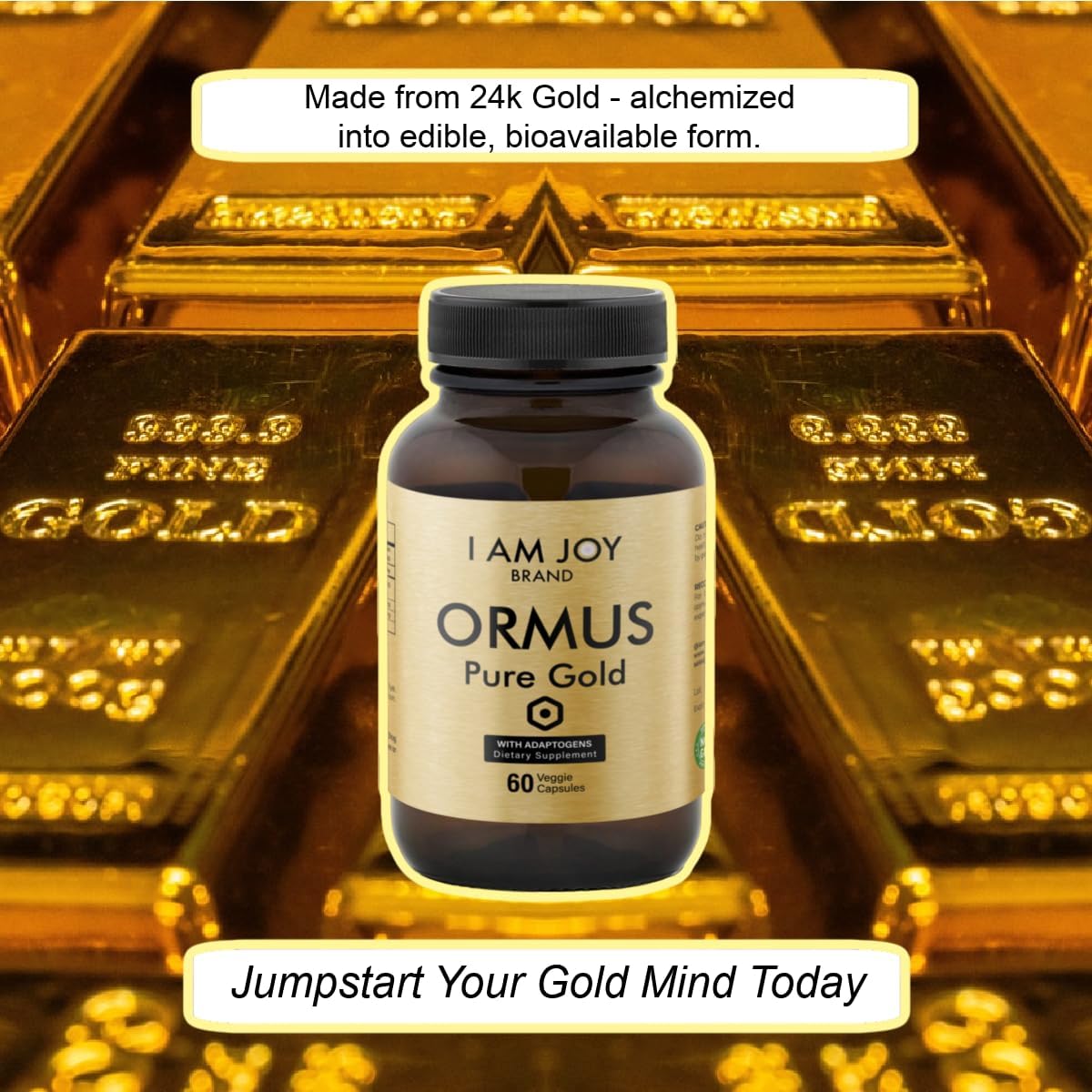 I Am Joy co. Ormus Gold Cápsulas - Elementos Monoatómicos con Adaptógenos, Maca y Ashwaganda - 60 Cápsulas Veganas