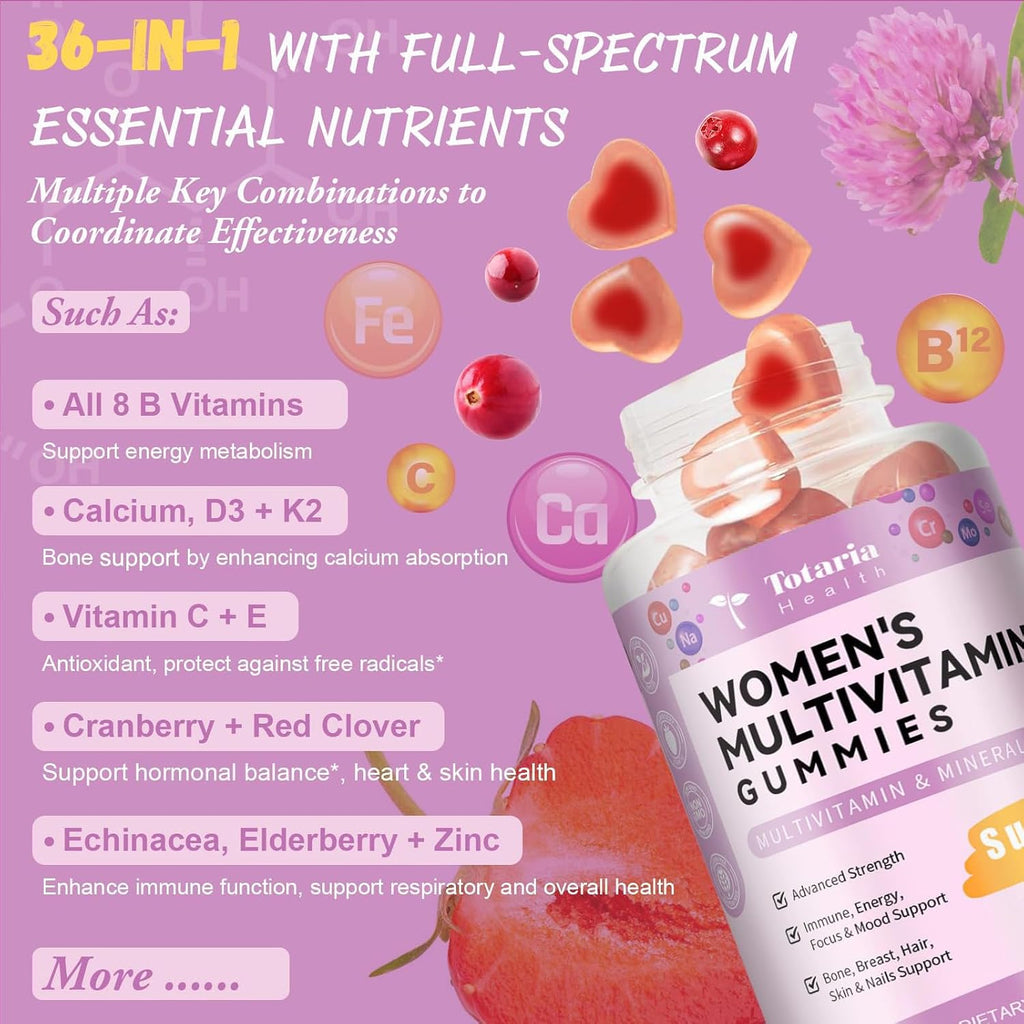 Totaria Multivitamin Gummies Sin Azúcar para Mujeres 14+ con Inositol, Hierro, Folato, Biotina
