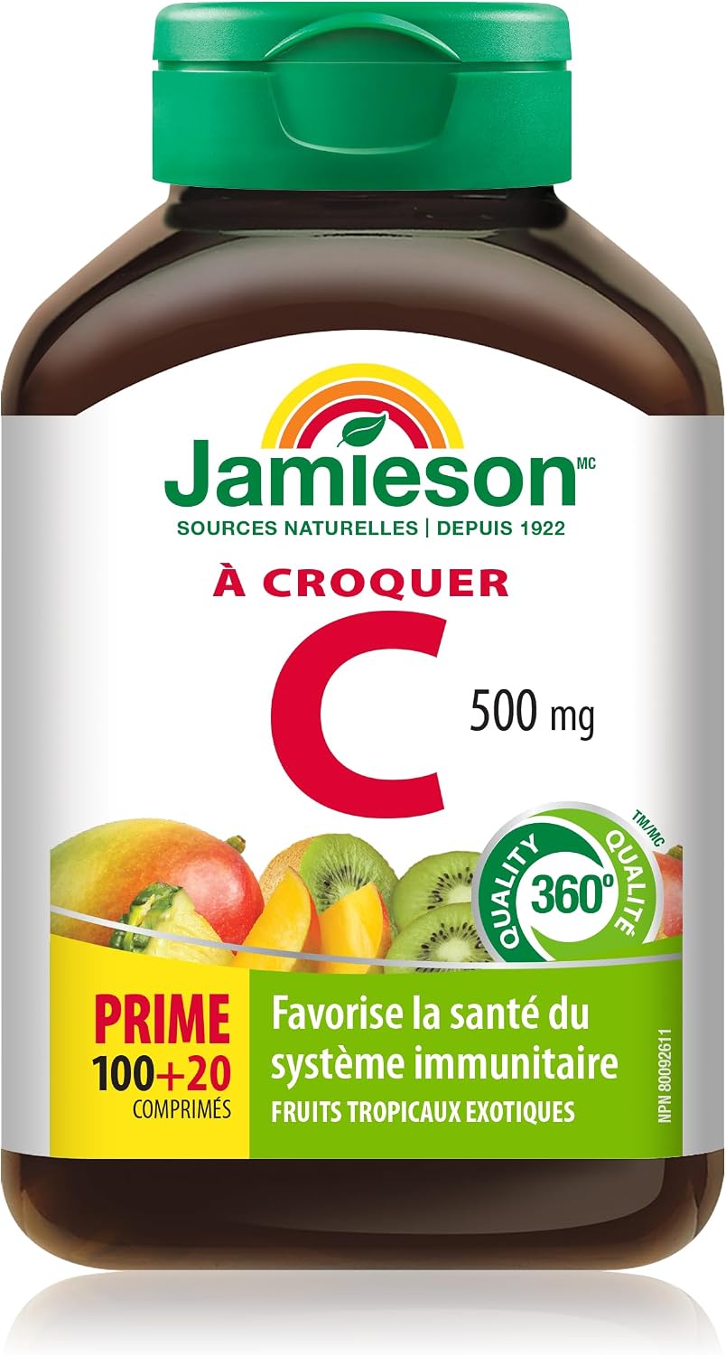 Jamieson Vitamina C Masticable 500 mg Sabor Frutas Tropicales, 120 Comprimidos