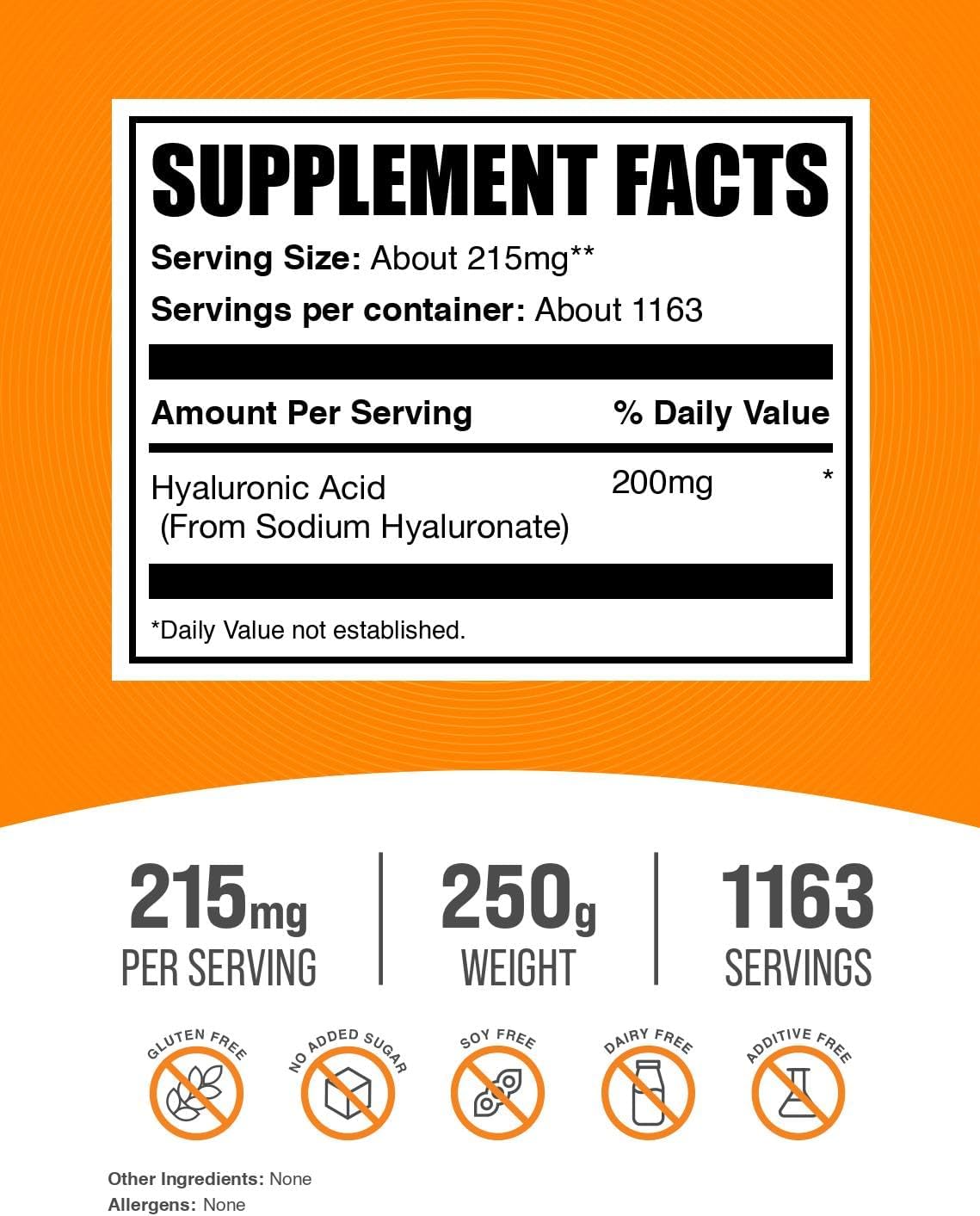 Hyaluronic Acid Powder - Sodium Hyaluronate, 215mg, 250g