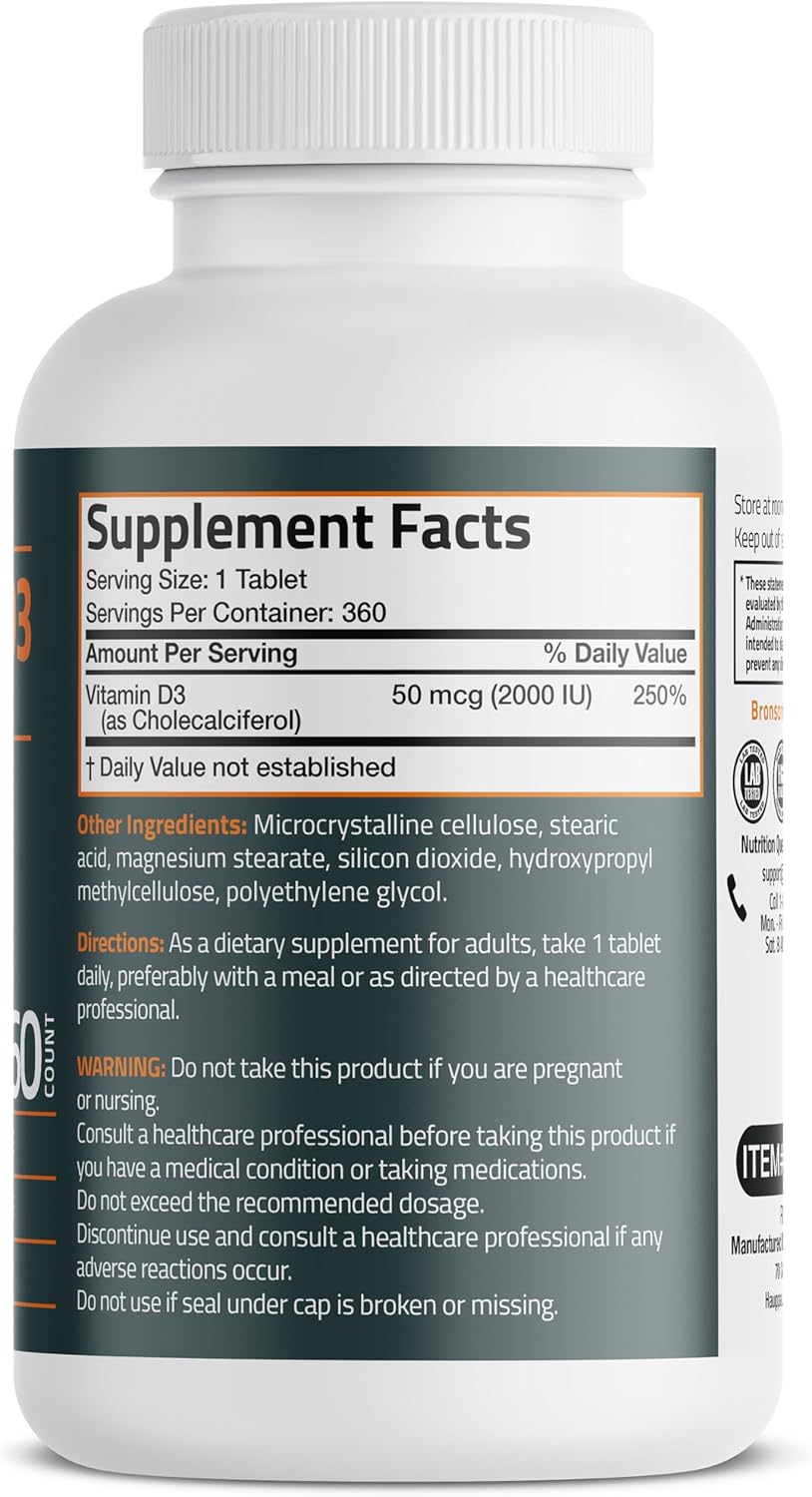 Vitamina D3 2000 IU (50mcg) de Bronson, 360 Comprimidos - No-GMO, Sin Gluten