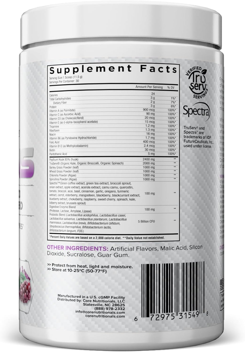 Core Nutritionals Greens | Mezcla Premium de Superfoods Rojos y Verdes con Probióticos y Enzimas Digestivas | 30 Servicios (Sabor Uva)