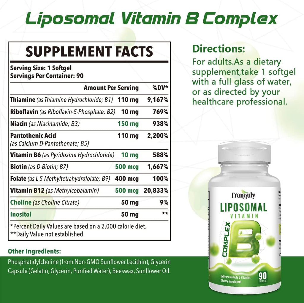 Liposomal B Complex for High Absorption Methylated B12, L-Methylfolate (5-MTHF), Full Active B Vitamins with Choline Inositol - Energy, Metabolism, Brain & Heart Support, Vegan, Non-GMO, 3 Month Supply
