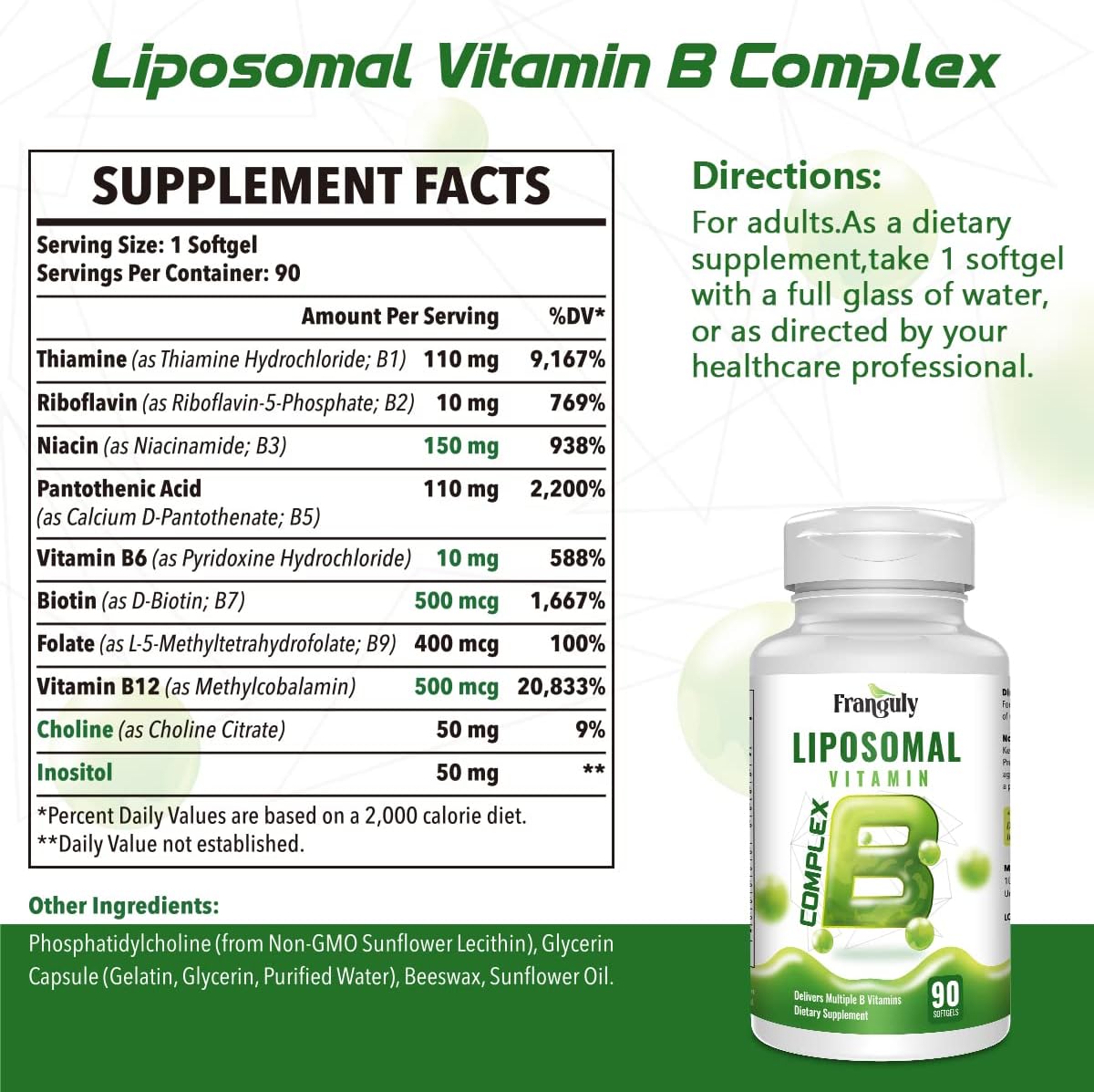 Liposomal B Complex for High Absorption Methylated B12, L-Methylfolate (5-MTHF), Full Active B Vitamins with Choline Inositol - Energy, Metabolism, Brain & Heart Support, Vegan, Non-GMO, 3 Month Supply