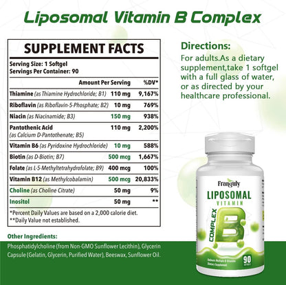 Liposomal B Complex for High Absorption Methylated B12, L-Methylfolate (5-MTHF), Full Active B Vitamins with Choline Inositol - Energy, Metabolism, Brain & Heart Support, Vegan, Non-GMO, 3 Month Supply