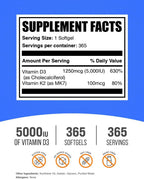 BulkSupplements.com Vitamina D3 + K2 5000 IU - 365 Cápsulas Blandas