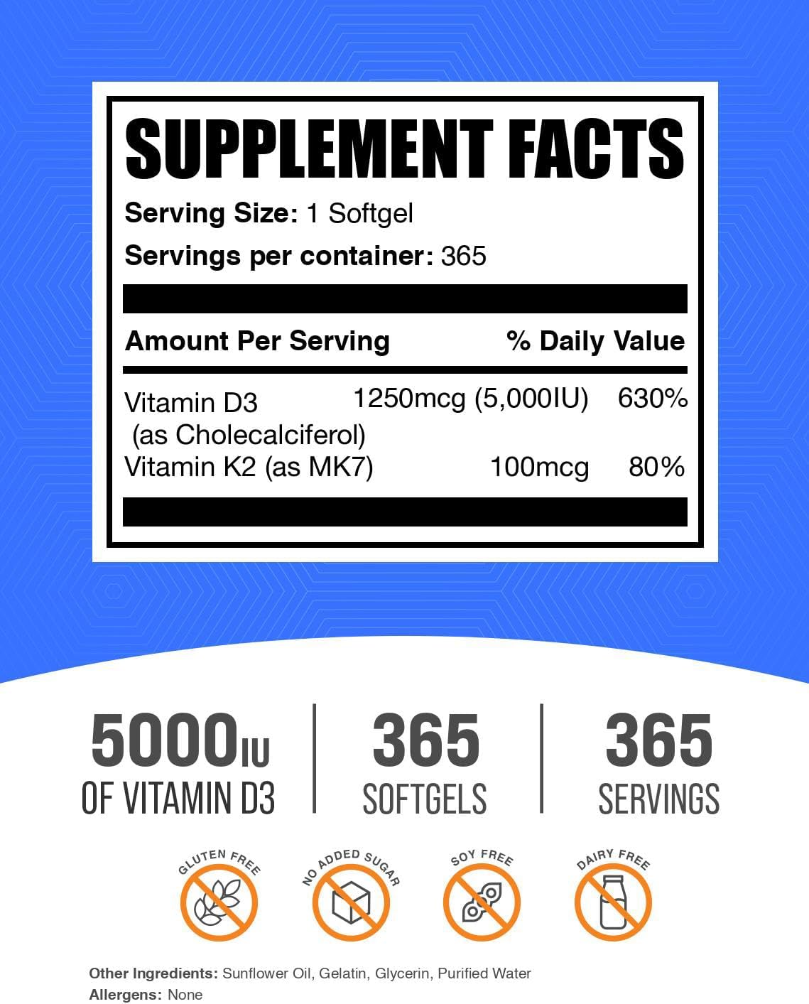 BulkSupplements.com Vitamina D3 + K2 5000 IU - 365 Cápsulas Blandas