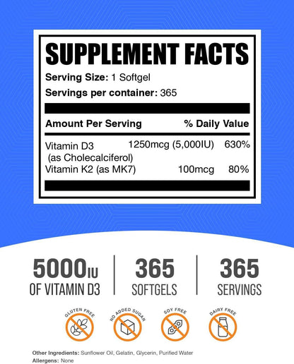 BulkSupplements.com Vitamina D3 + K2 5000 IU – La vitamina D contribuye al mantenimiento de los niveles normales – Image 2