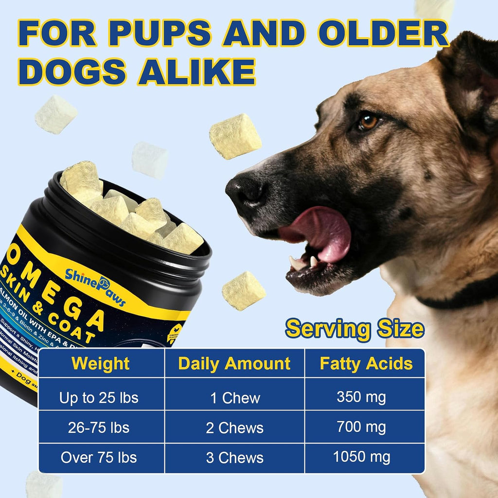 SHINEPAWS Omega 3 para Perros, Masticables de Aceite de Salmón con Omega 3 6 9 (EPA+DHA), Zinc, Biotina y Vitaminas E y C - 120 unidades, Sabor Pollo